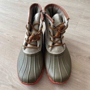 Sperry Tan and Olive Duck Boots